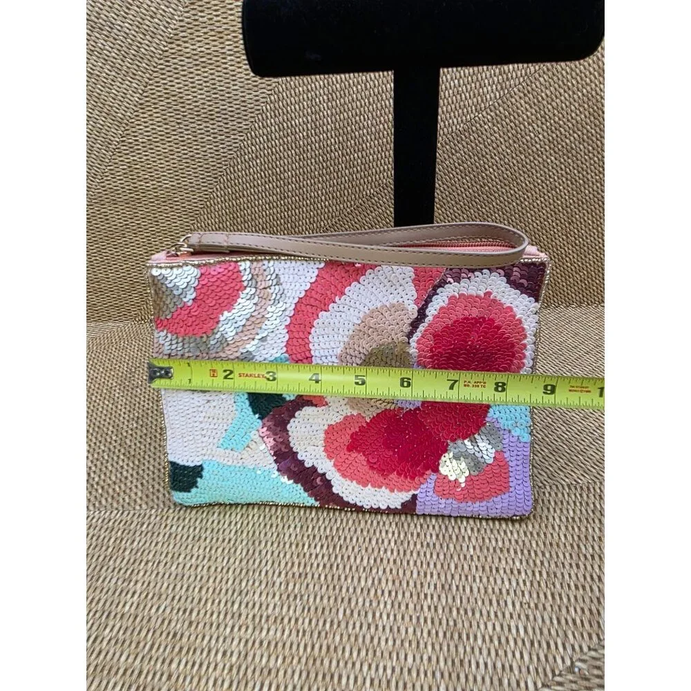 LULU Floral Sequin Clutch Wristlet With Peach Satin Lining & Zipper‎ Closure